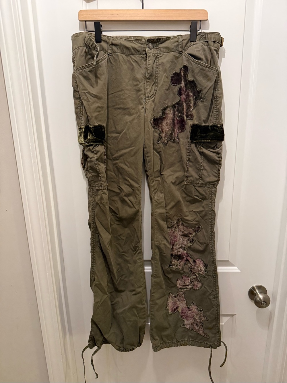Vintage Express Y2K Olive Green Utility Cargo Pants with velvet patches
